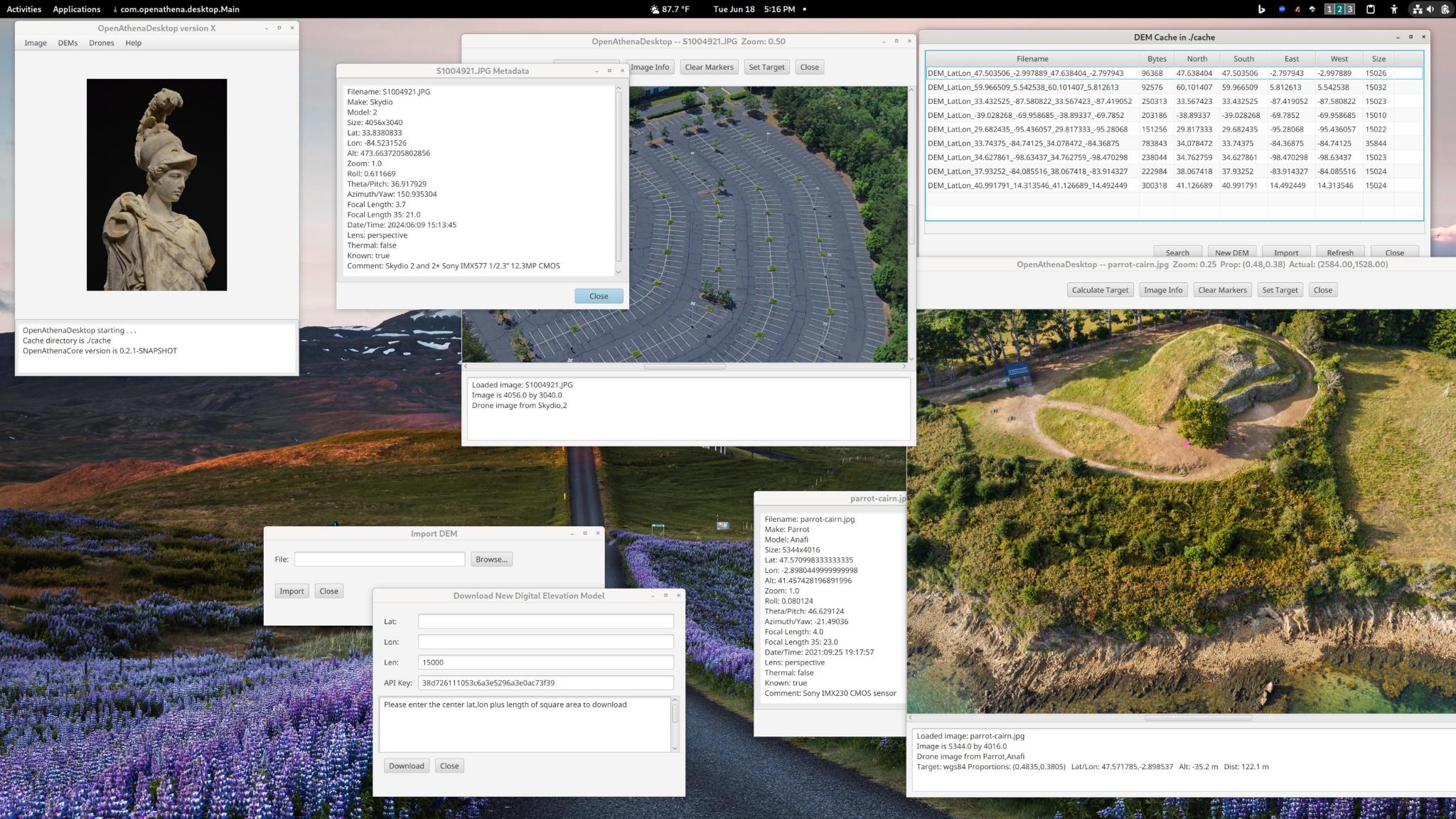 Demo screenshot of OpenAthena Desktop, an example program using OpenAthena-Core for sUAS terrain-raycast localization from images