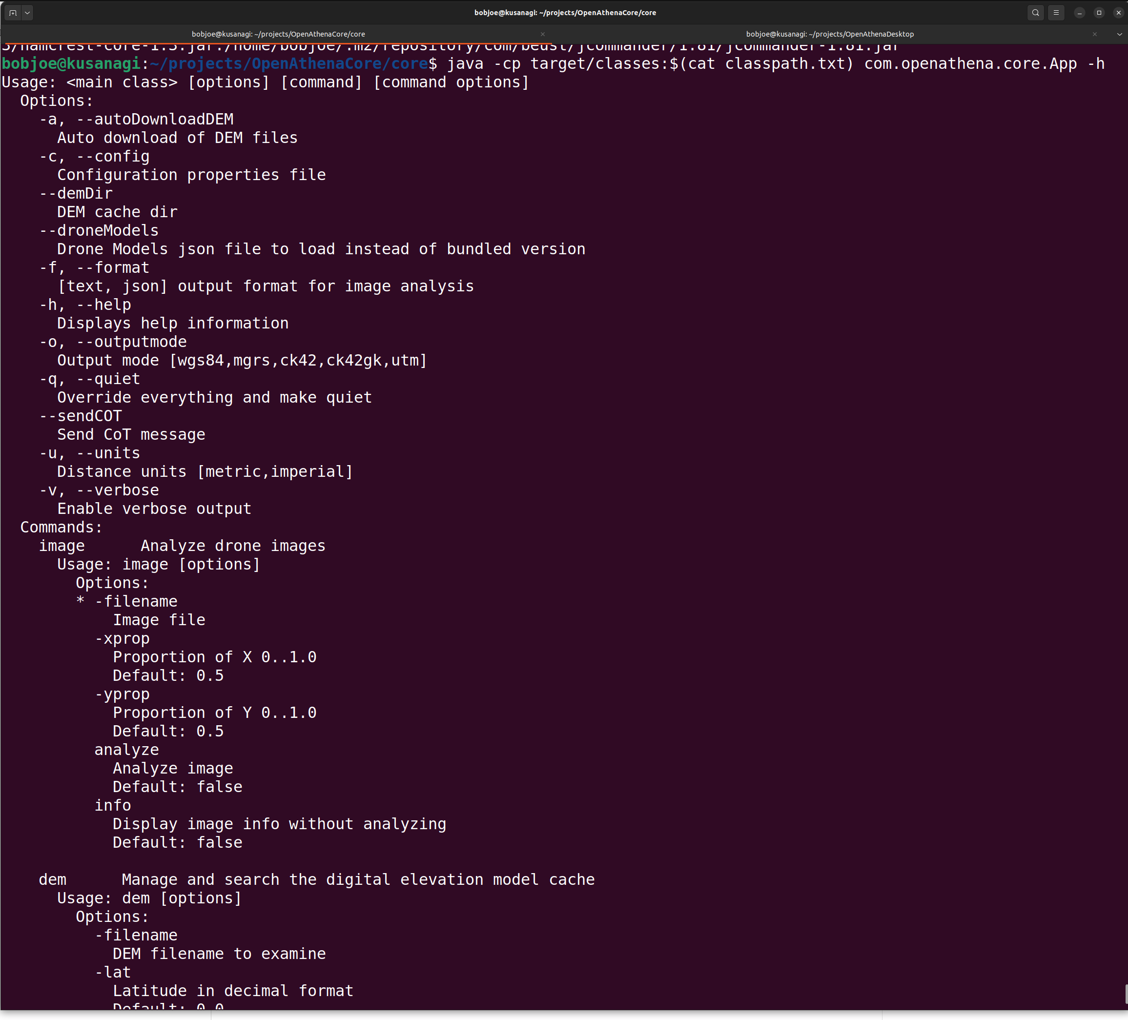 OpenAthena Core command line help text interface