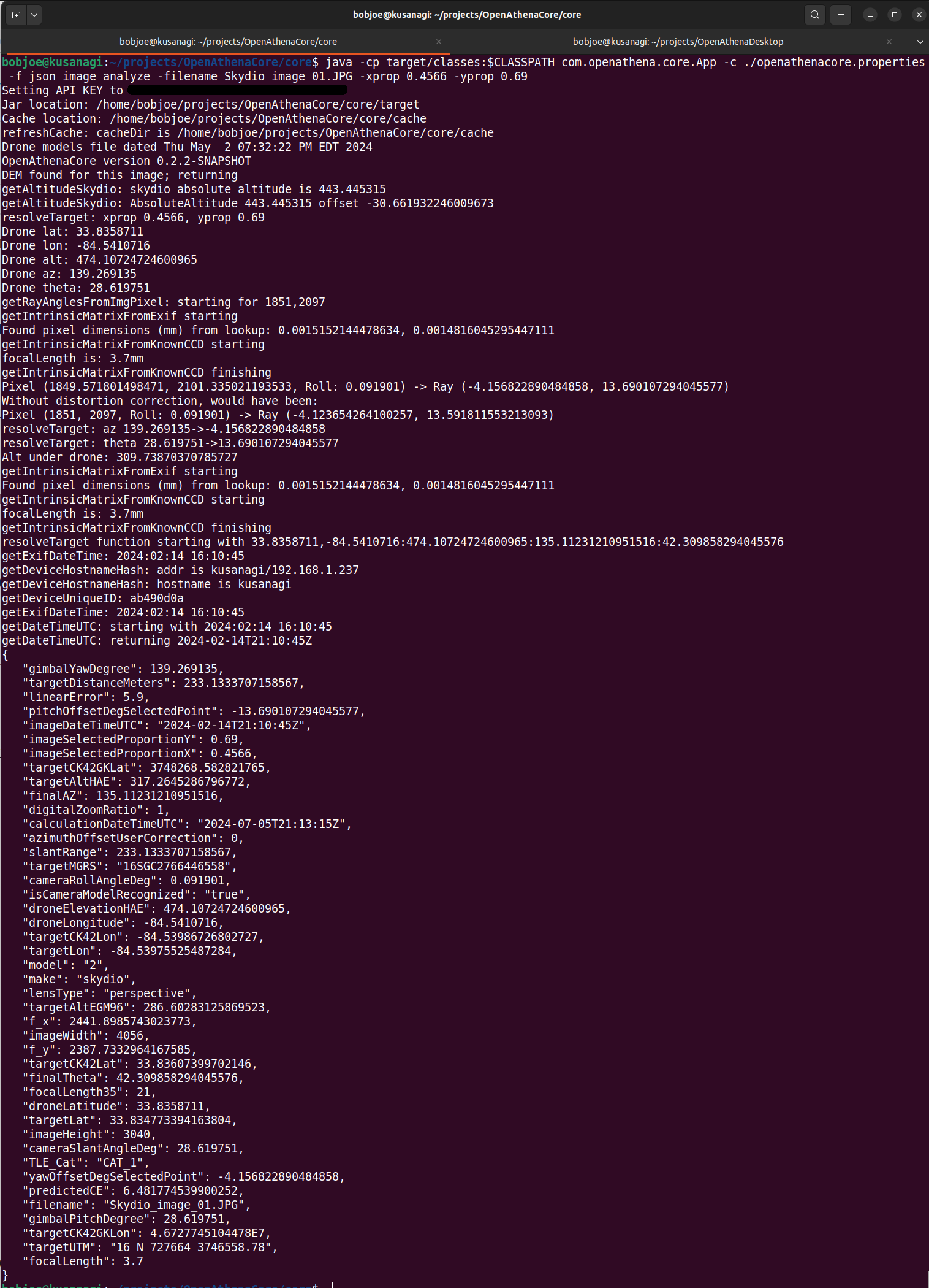 OpenAthena Core example of target calculation output in JSON mode