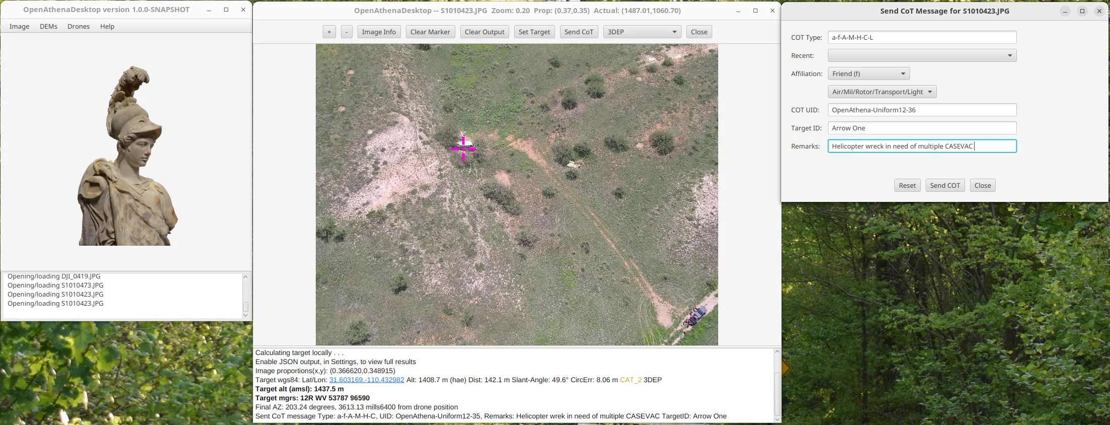 OpenAthena Desktop v1.0 interface. A helicopter wreckage is identified, geolocated, and sent as a Cursor on Target message to ATAK devices