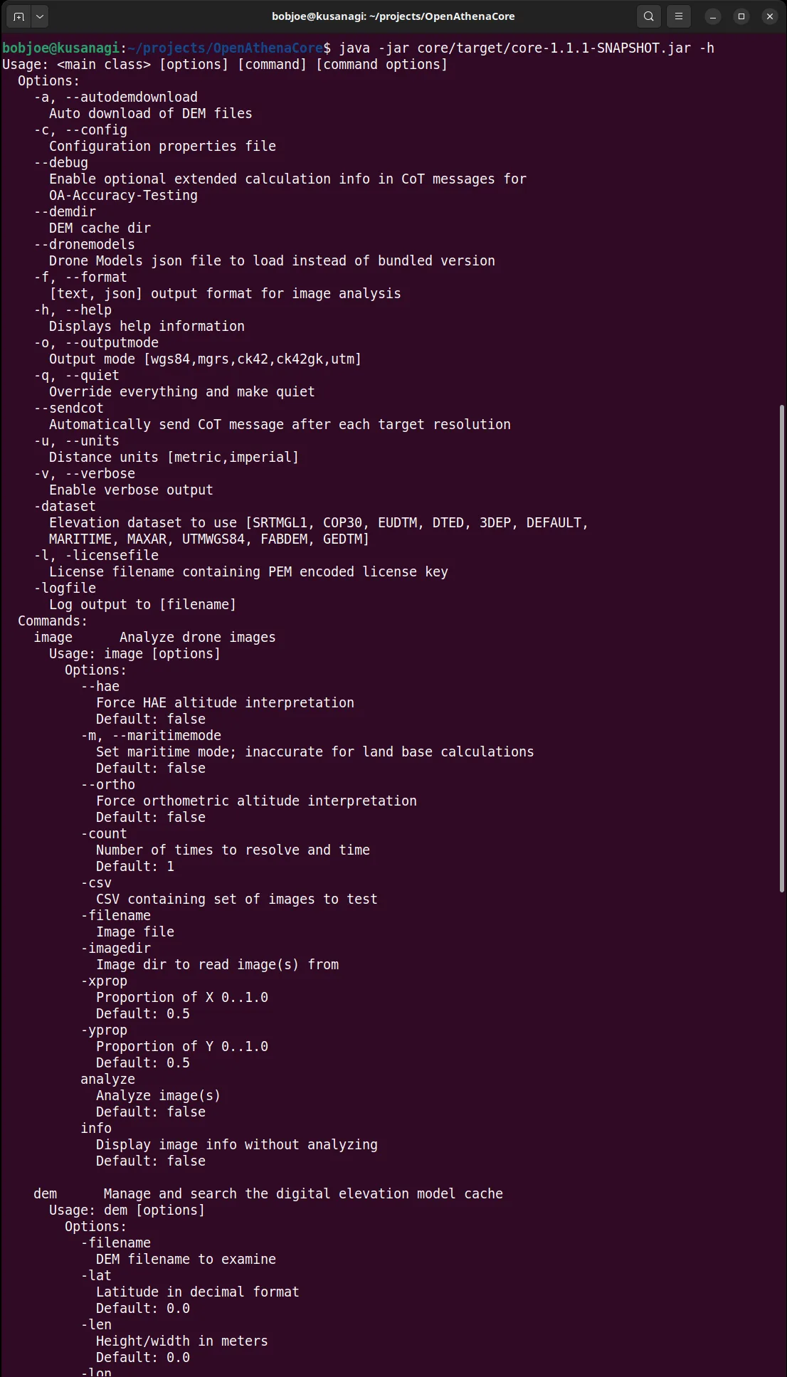 OpenAthena Core v1-1-1 cli help screenshot