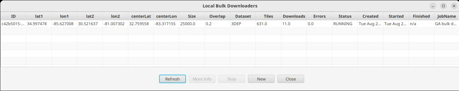 Bulk Download Manger shows running operation for the entire state of GA split across 631 tiles