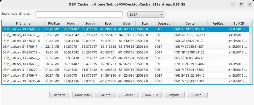 OpenAthena DEM list window